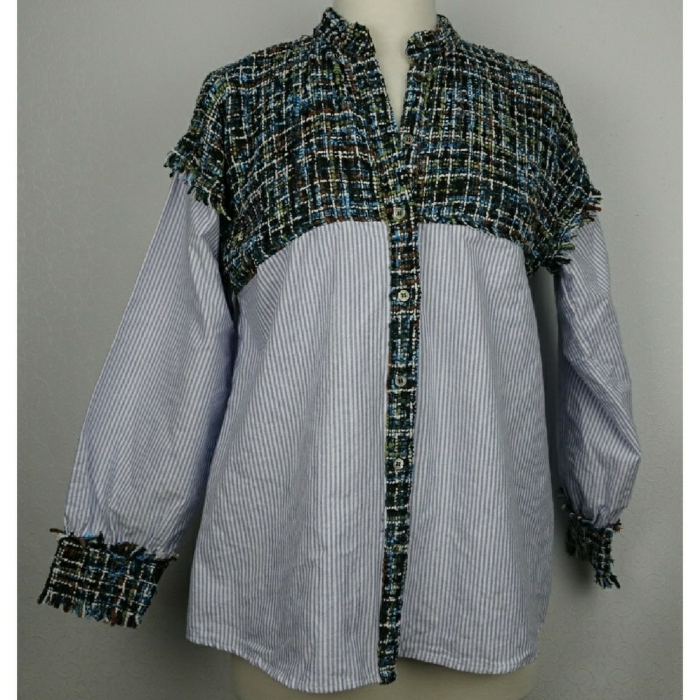 Zara Collection striped lace button down blouse size S
